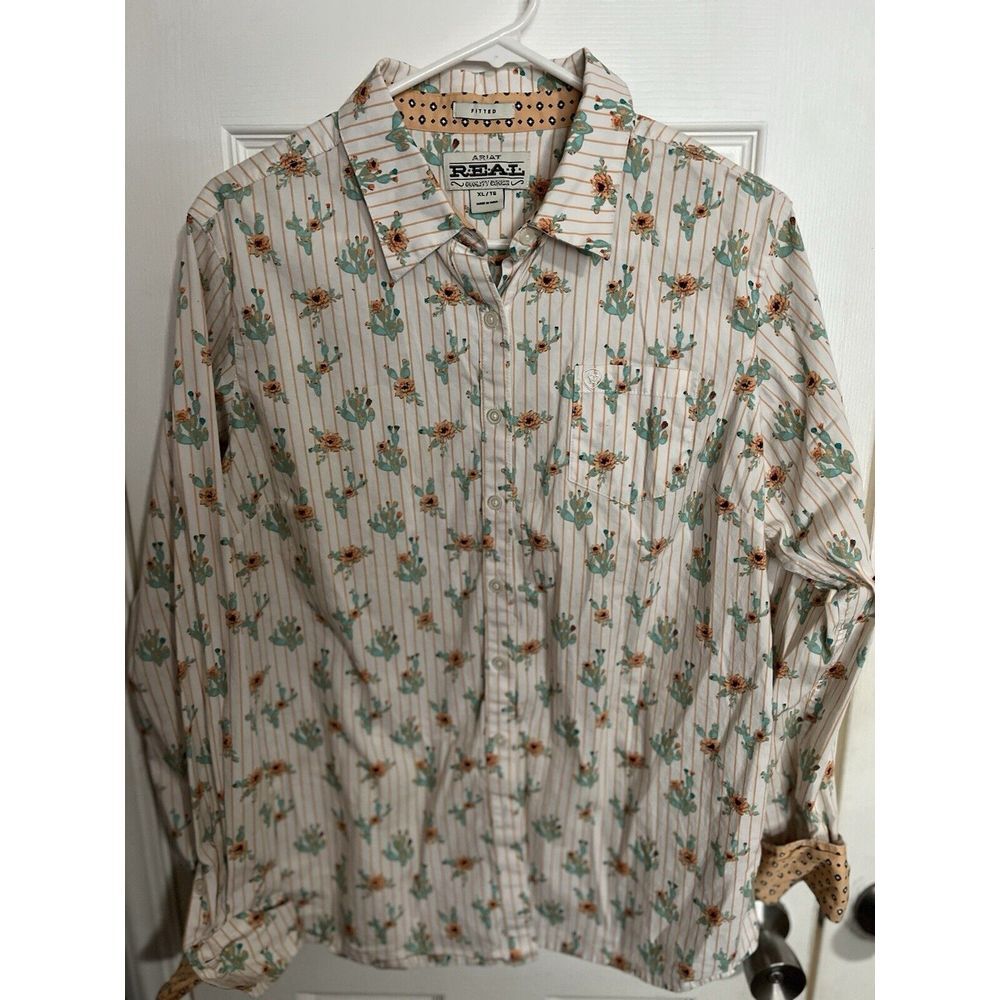 Ariat Shirt Woman XL White Stripe Cactus Cowgirl Rodeo Real Fitted Flip Cuff